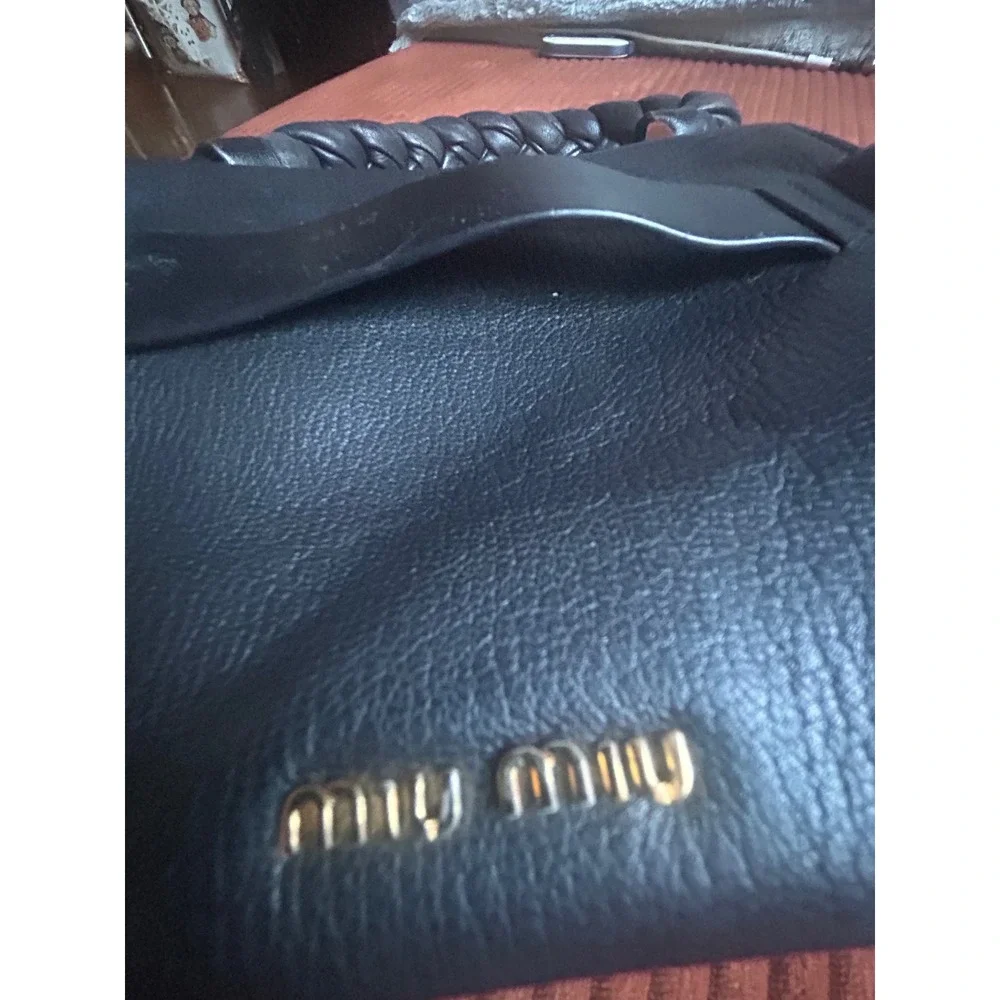 Miu Miu Madras Black Leather Braided Top Handle Bag Gold Hardware Handbag
